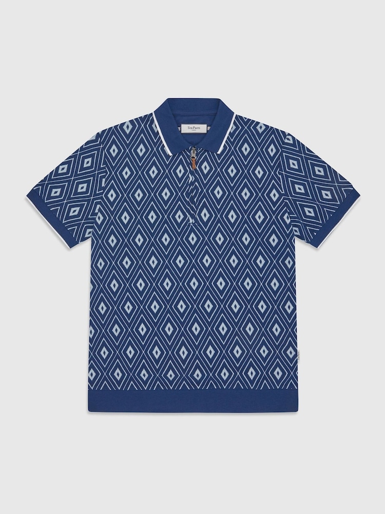 Ten Paces Navy Knitted Jacquard Regular Fit Zip Neck Polo Shirt - Image 6 of 6