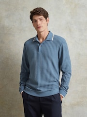 Ten Paces Blue Cable Rib Smart Regular Fit Polo Shirt - Image 1 of 6