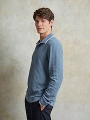 Ten Paces Blue Cable Rib Smart Regular Fit Polo Shirt - Image 2 of 6
