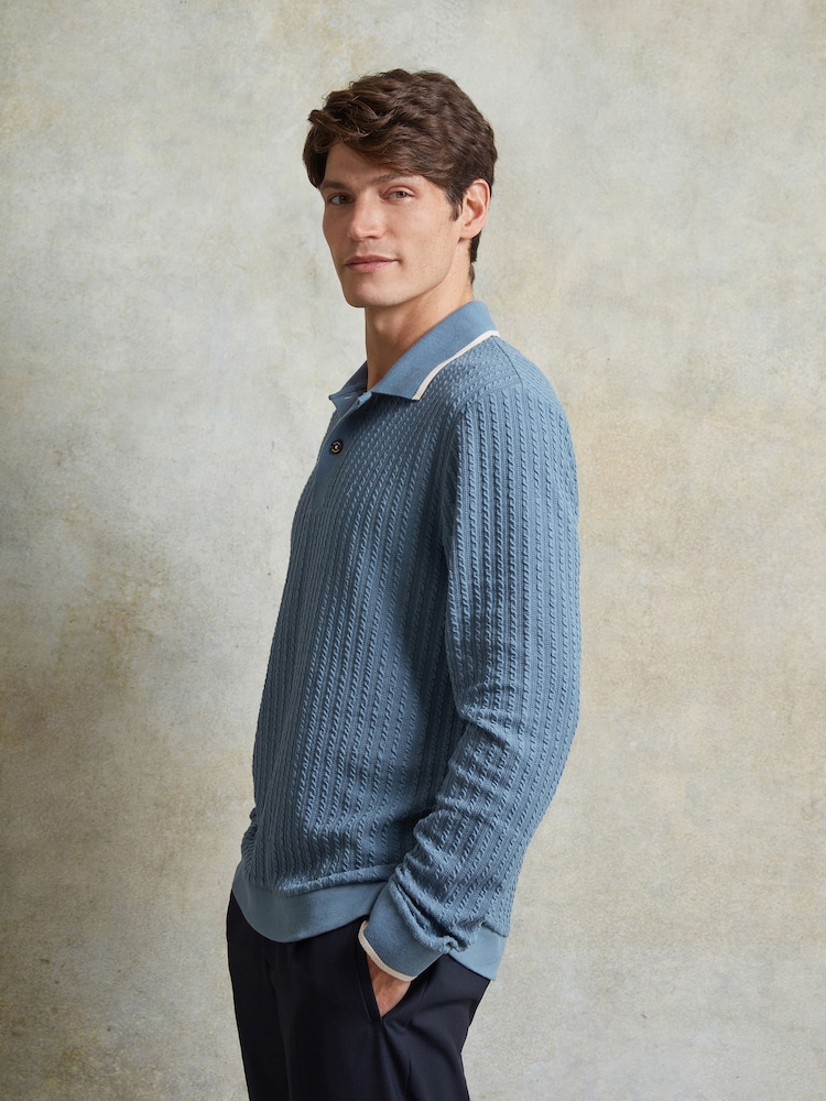 Ten Paces Blue Cable Rib Smart Regular Fit Polo Shirt - Image 2 of 6