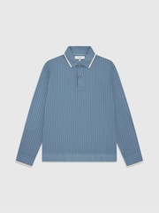 Ten Paces Blue Cable Rib Smart Regular Fit Polo Shirt - Image 6 of 6
