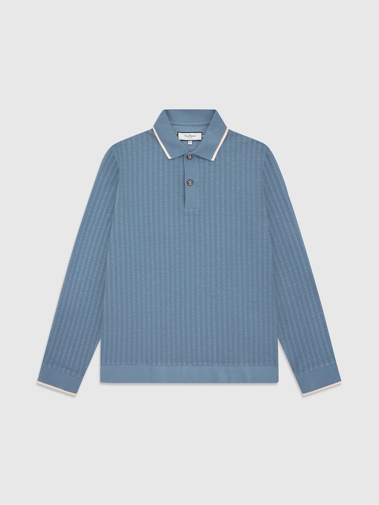 Ten Paces Blue Cable Rib Smart Regular Fit Polo Shirt - Image 6 of 6