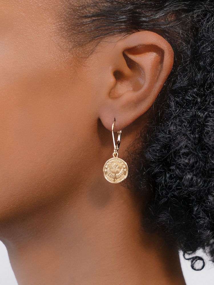 Lauren Ralph Lauren Gold Gold Tone Coin Logo Drop Pierced Earrings - Image 2 of 2 Lauren Ralph Lauren Gold Gold Tone Coin Logo Drop Pierced Earrings - Image 2 of 2