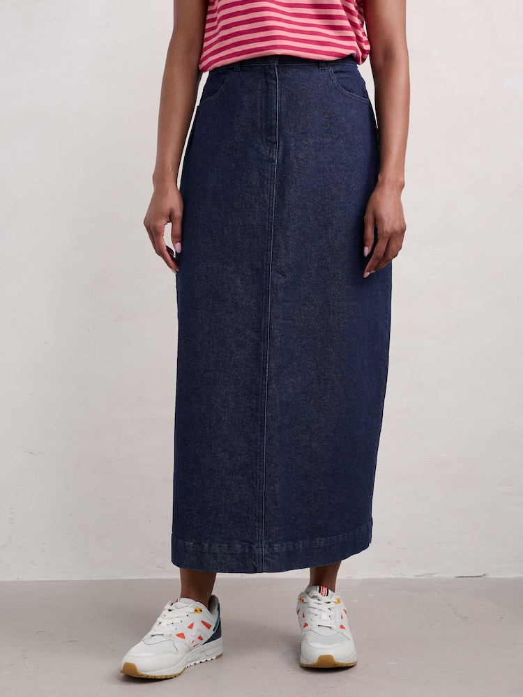 Seasalt Cornwall Blue Cherry, Strawberry Tree Midi Denim Skirt - Image 1 of 5 Seasalt Cornwall Blue Cherry, Strawberry Tree Midi Denim Skirt - Image 1 of 5