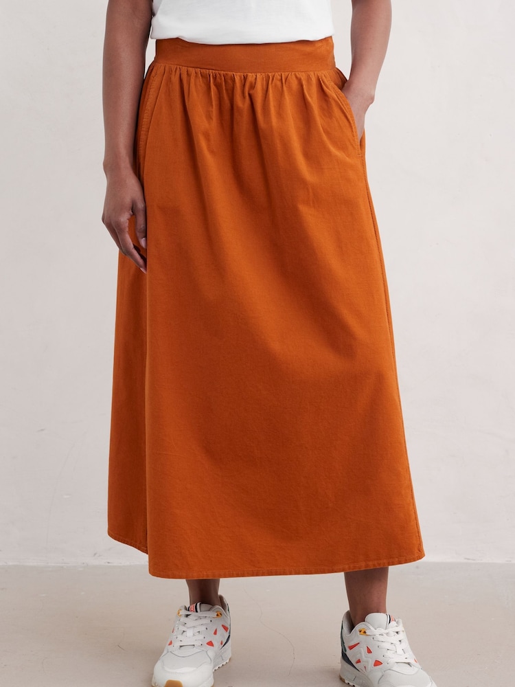 Seasalt Cornwall Orange Mevagissey Organic Cotton Midi Skirt - Image 1 of 5 Seasalt Cornwall Orange Mevagissey Organic Cotton Midi Skirt - Image 1 of 5