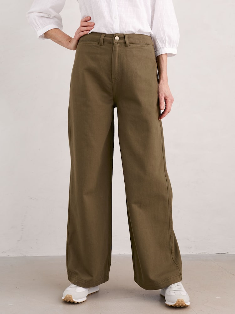 Seasalt Cornwall Green Petite Milly Wide Leg Denim 100% Cotton Trousers - Image 1 of 5