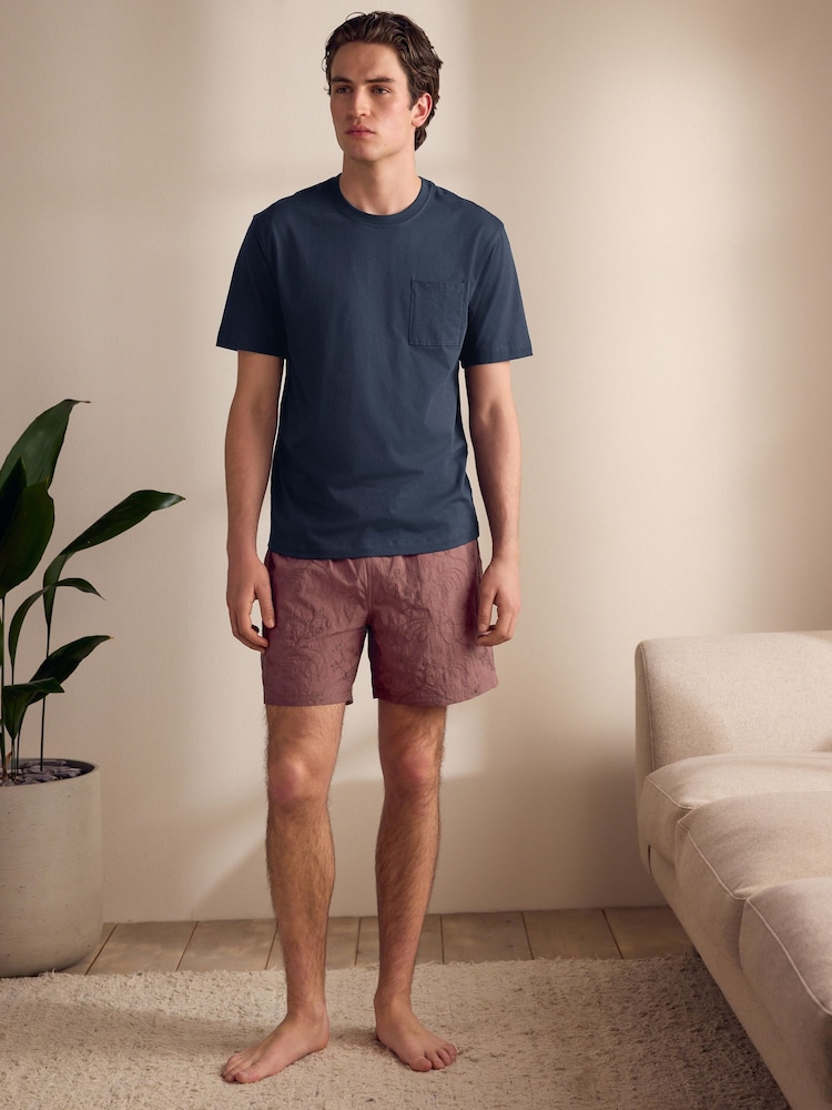 بني مائل للأحمر - Embroidered Woven 100% Cotton Short Pyjamas Set - صورة 2 من 11
