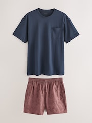 بني مائل للأحمر - Embroidered Woven 100% Cotton Short Pyjamas Set - صورة 7 من 11