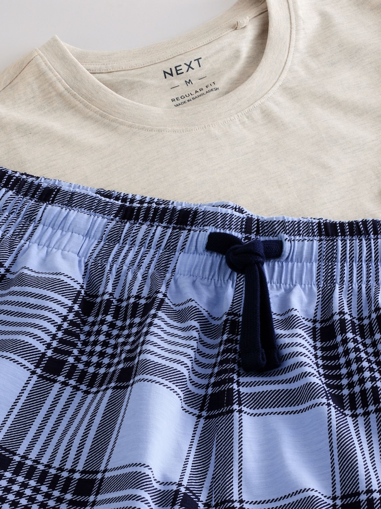 Marineblau/Grau meliert - Kurzärmliges Pyjama-Set mit Karomuster - Image 10 of 11
