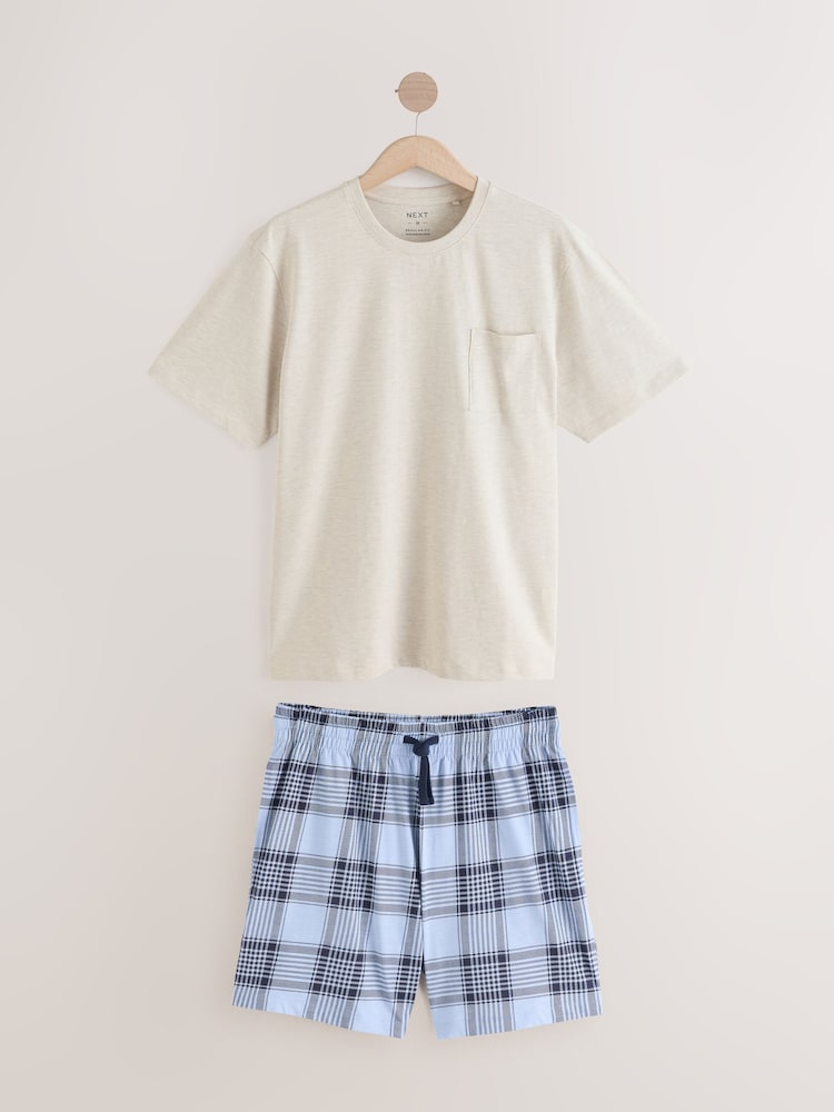 Marineblau/Grau meliert - Kurzärmliges Pyjama-Set mit Karomuster - Image 7 of 11
