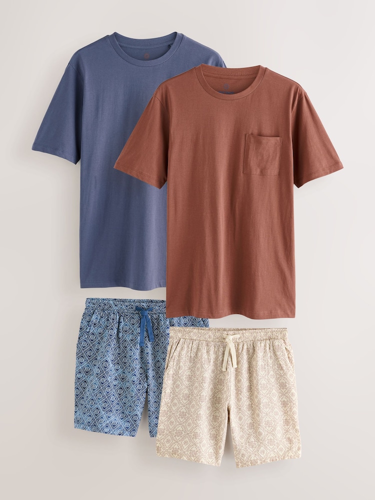 Patterned Rust Brown Woven Short Pyjamas Set 2 Pack - Image 1 of 15