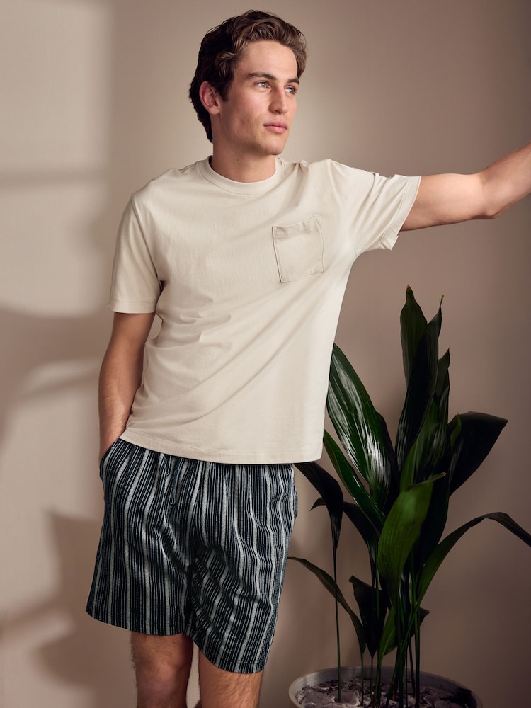 Neutral Brown/Black 100% Cotton T-Shirt And Woven Shorts Set - Image 1 of 12