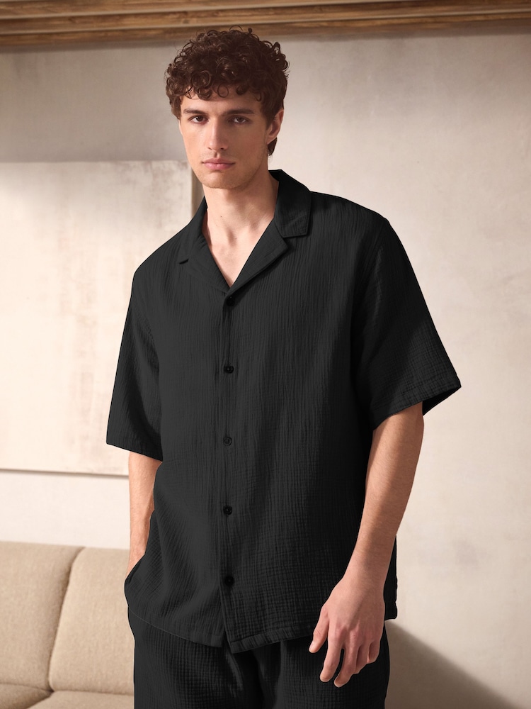 Black Cheesecloth 100% Cotton Shirt And Shorts Set - Image 1 of 10