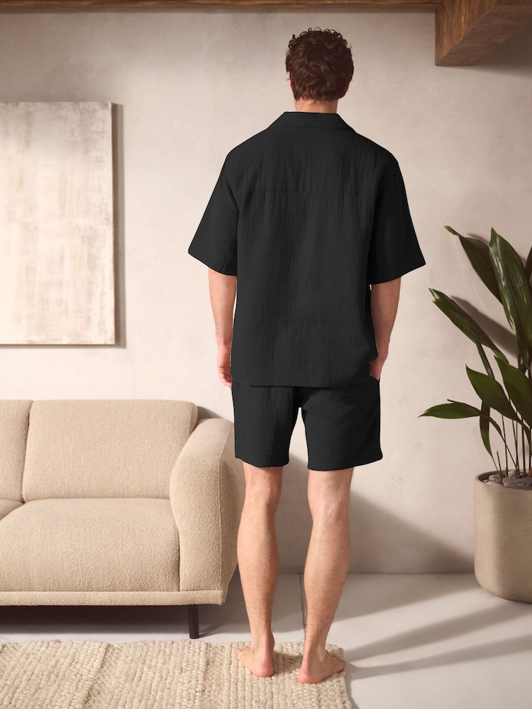 Black Cheesecloth 100% Cotton Shirt And Shorts Set - Image 4 of 10