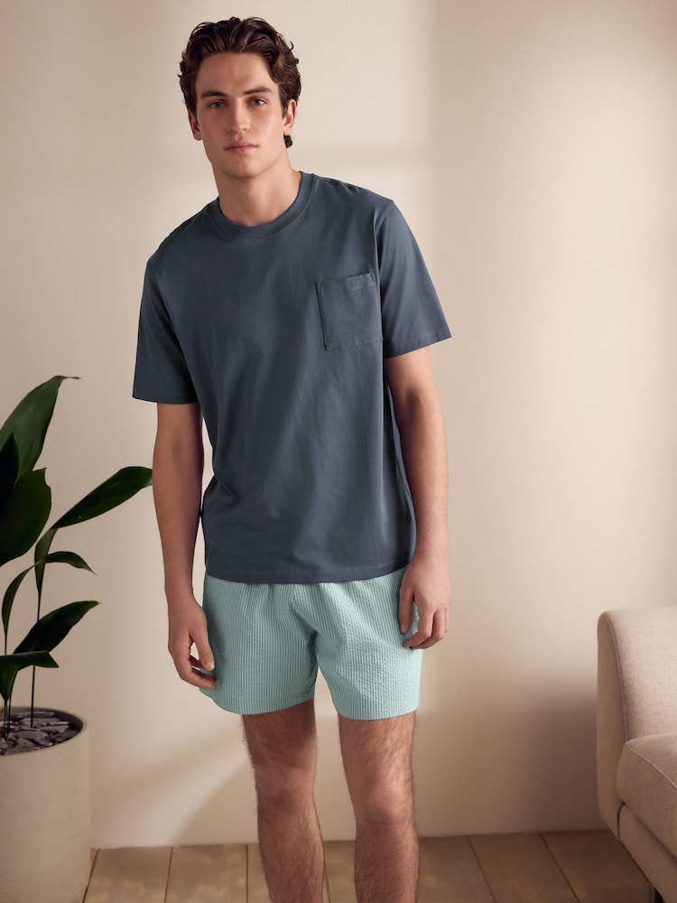 رمادي داكن/أخضر - T-Shirt And Striped Seersucker 100% Cotton Pyjamas Set - صورة 1 من 9 رمادي داكن/أخضر - T-Shirt And Striped Seersucker 100% Cotton Pyjamas Set - صورة 1 من 9