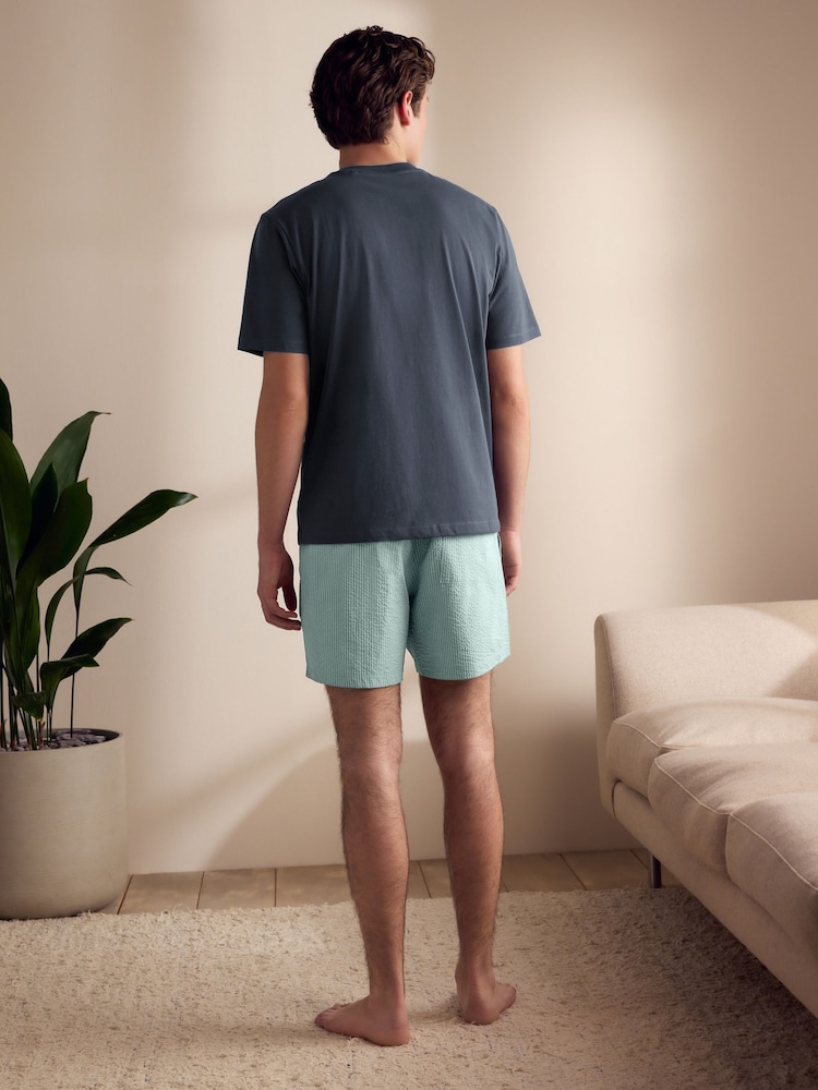 رمادي داكن/أخضر - T-Shirt And Striped Seersucker 100% Cotton Pyjamas Set - صورة 2 من 9 رمادي داكن/أخضر - T-Shirt And Striped Seersucker 100% Cotton Pyjamas Set - صورة 2 من 9