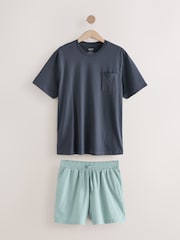 رمادي داكن/أخضر - T-Shirt And Striped Seersucker 100% Cotton Pyjamas Set - صورة 5 من 9