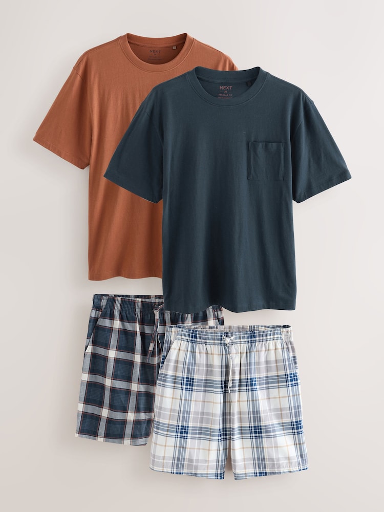 Navy Blue/Orange Check Woven Short Pyjamas Set 2 Pack - Image 1 of 15