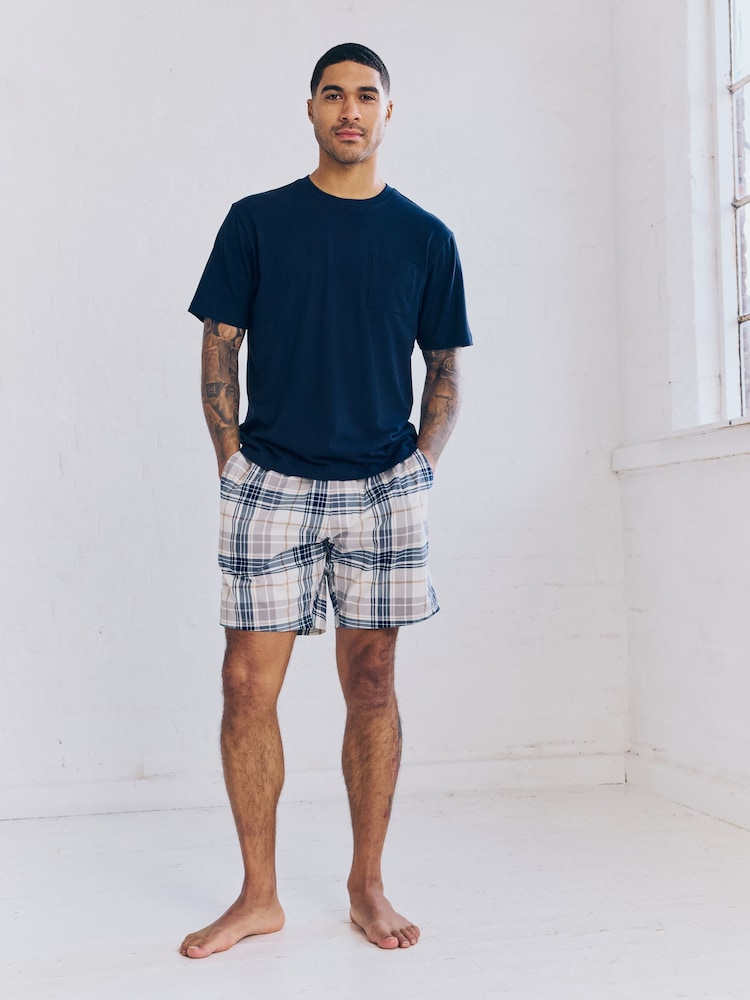 Marineblau/Orange kariert - Gewebtes kurzes Pyjama-Set 2er-Pack - Image 3 of 15