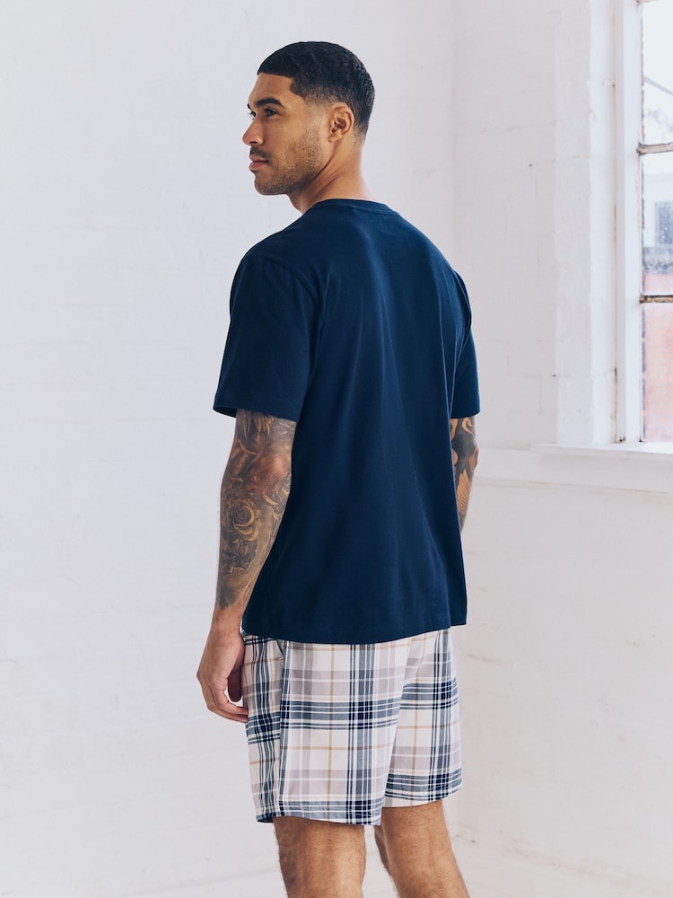Marineblau/Orange kariert - Gewebtes kurzes Pyjama-Set 2er-Pack - Image 4 of 15