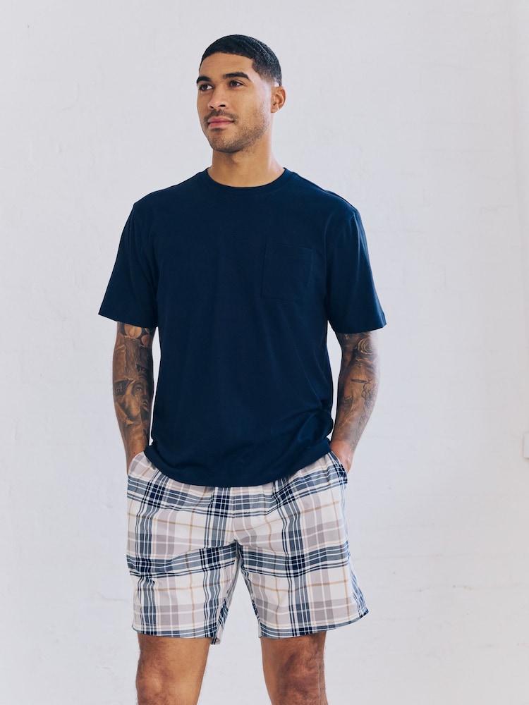 Marineblau/Orange kariert - Gewebtes kurzes Pyjama-Set 2er-Pack - Image 5 of 15