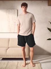 Black/Neutral Brown 100% Cotton Short Sleeve T-Shirt With Cheesecloth Texture Shorts - Image 1 of 14