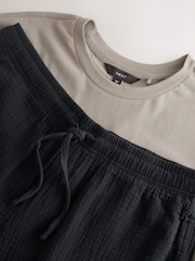 Black/Neutral Brown 100% Cotton Short Sleeve T-Shirt With Cheesecloth Texture Shorts - Image 11 of 14