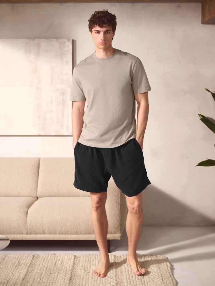 Black/Neutral Brown 100% Cotton Short Sleeve T-Shirt With Cheesecloth Texture Shorts - Image 2 of 14