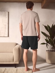 Black/Neutral Brown 100% Cotton Short Sleeve T-Shirt With Cheesecloth Texture Shorts - Image 4 of 14