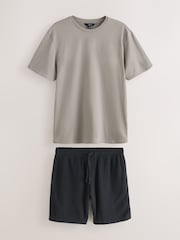 Black/Neutral Brown 100% Cotton Short Sleeve T-Shirt With Cheesecloth Texture Shorts - Image 8 of 14