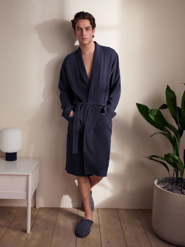 Slate Grey Linen Blend Lightweight Dressing Gown - Image 1 of 7