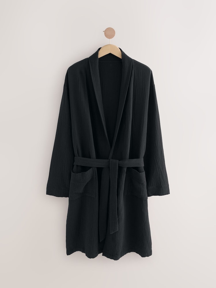 Black 100% Cotton Cheesecloth Dressing Gown Robe - Image 1 of 3
