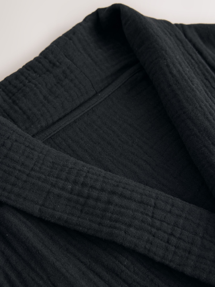 Black 100% Cotton Cheesecloth Dressing Gown Robe - Image 3 of 3