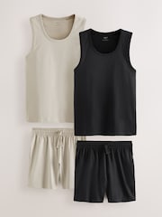 Neutral Stone/Black Jersey Vest Pyjamas Short Set 2 Pack - Image 1 of 13