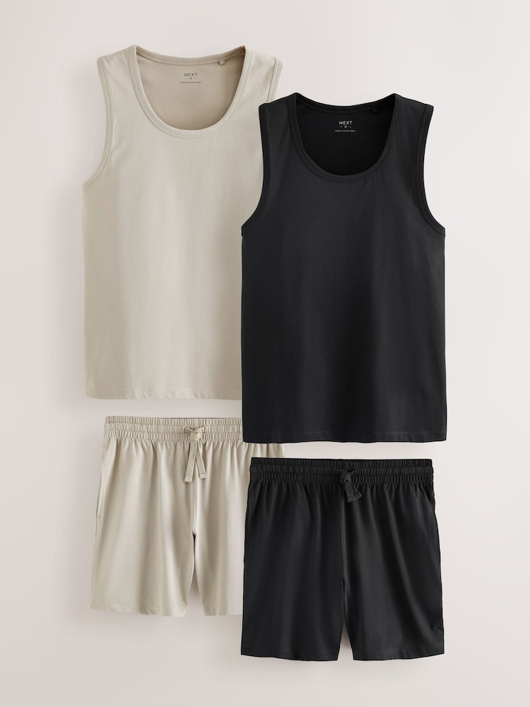 Neutral Stone/Black - Jersey Vest Pyjamas Short Set 2 Pack - Bild 1 von 13 Neutral Stone/Black - Jersey Vest Pyjamas Short Set 2 Pack - Bild 1 von 13