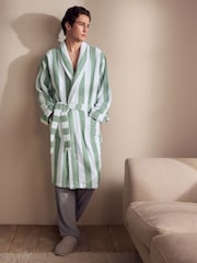 Sage Green Stripe Cotton Towelling Dressing Gown - Image 1 of 10