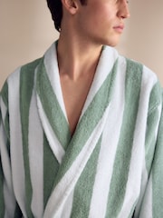 Sage Green Stripe Cotton Towelling Dressing Gown - Image 6 of 10