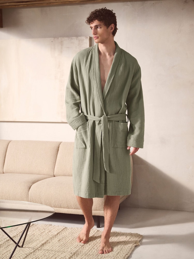 Sage Green 100% Cotton Cheesecloth Dressing Gown Robe - Image 1 of 4