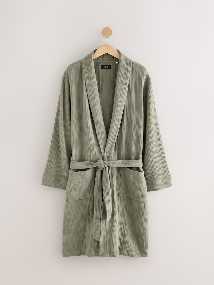 Sage Green 100% Cotton Cheesecloth Dressing Gown Robe - Image 5 of 8