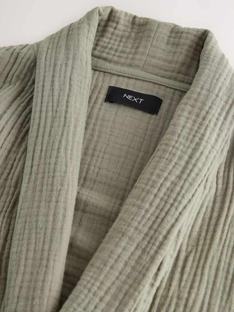 Sage Green 100% Cotton Cheesecloth Dressing Gown Robe - Image 6 of 8