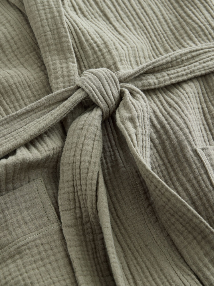 Sage Green 100% Cotton Cheesecloth Dressing Gown Robe - Image 7 of 8