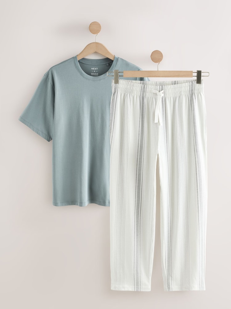 Grey/Sage Green Stripe - مجموعة بيجامات جيرسيه بكم قصير - صورة 1 من 5 Grey/Sage Green Stripe - مجموعة بيجامات جيرسيه بكم قصير - صورة 1 من 5