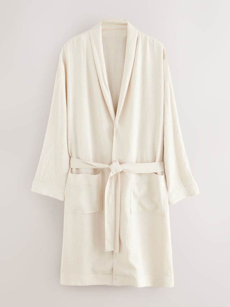 Neutral Stone Linen Blend Lightweight Dressing Gown - Image 1 of 4 Neutral Stone Linen Blend Lightweight Dressing Gown - Image 1 of 4