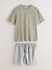 Sage Green/Grey Linen Blend Pyjamas Shorts Set - Image 5 of 10
