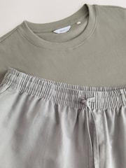 Sage Green/Grey Linen Blend Pyjamas Shorts Set - Image 8 of 10