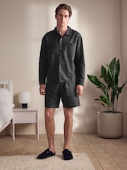 Black Linen Cotton Blend Shorts Pyjamas Set - Image 1 of 12