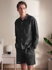 Black Linen Cotton Blend Shorts Pyjamas Set - Image 2 of 12