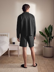 Black Linen Cotton Blend Shorts Pyjamas Set - Image 3 of 12