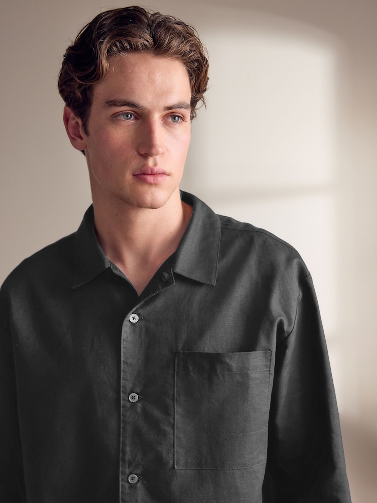 Black Linen Cotton Blend Shirt and Shorts Set - Image 4 of 12