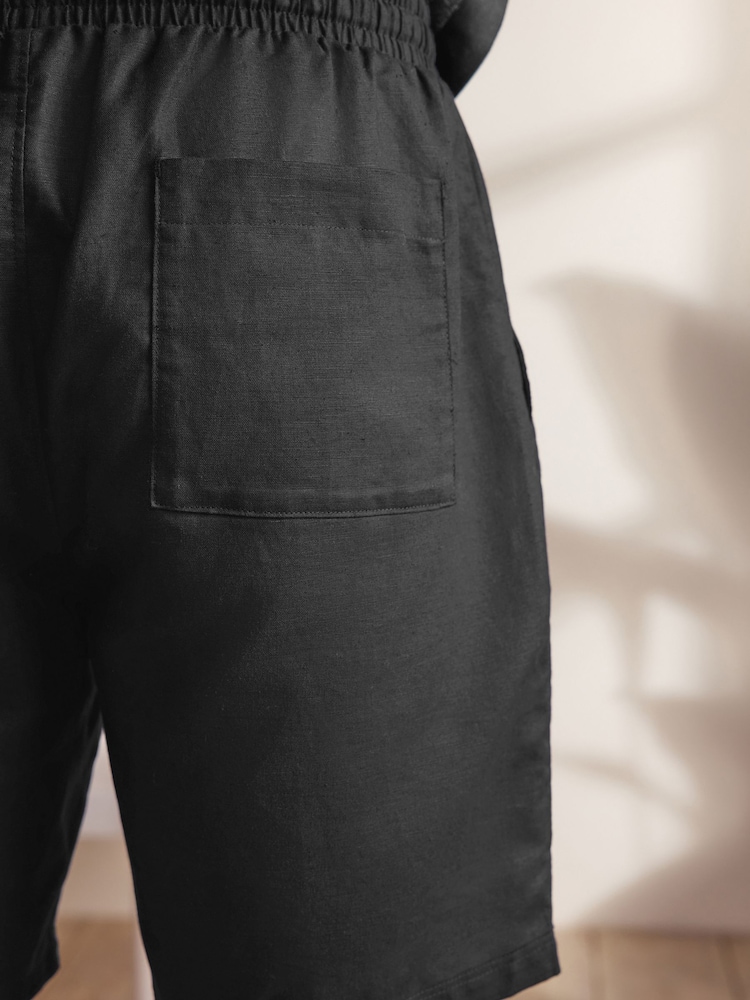 Black Linen Cotton Blend Shirt and Shorts Set - Image 5 of 12